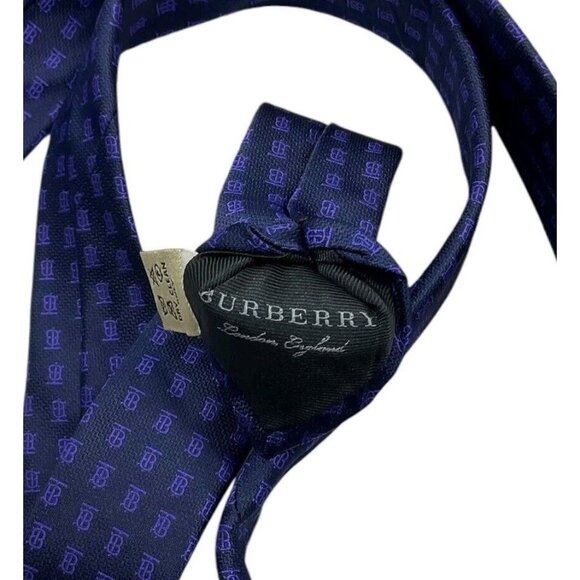 NWOT BURBERRY Men's 100% Silk Necktie LUXURY Navy Purple Monogram Logo W:2.7" - Picture 3 of 5
